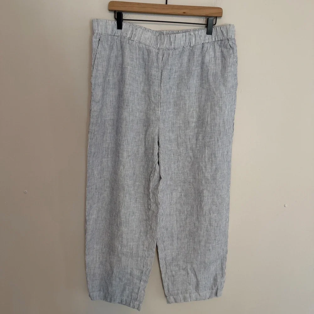 Quince European linen wide leg pants blue pinstripe XL minimalist classic